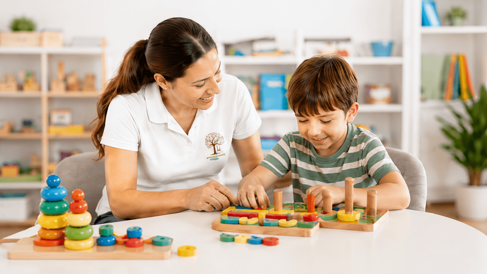 Terapeuta jugando con un niño en TerapiaLuz