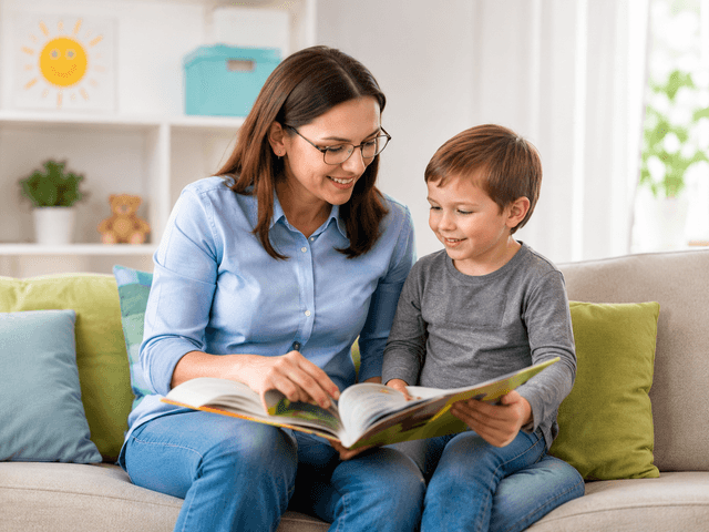 Profesional leyendo junto a un niño