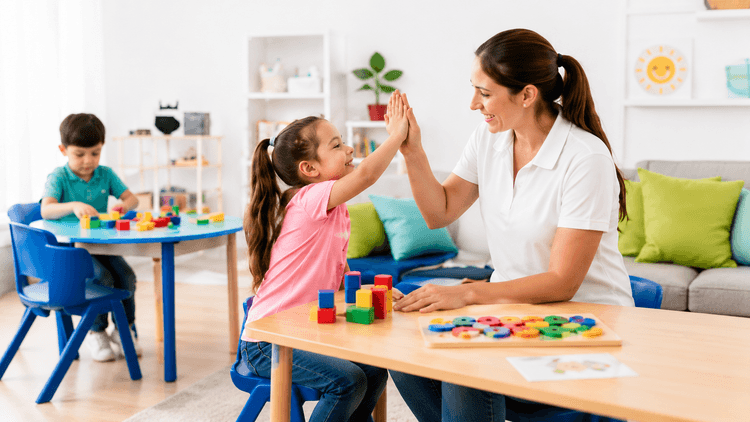Terapeuta compartiendo una actividad con una niña
