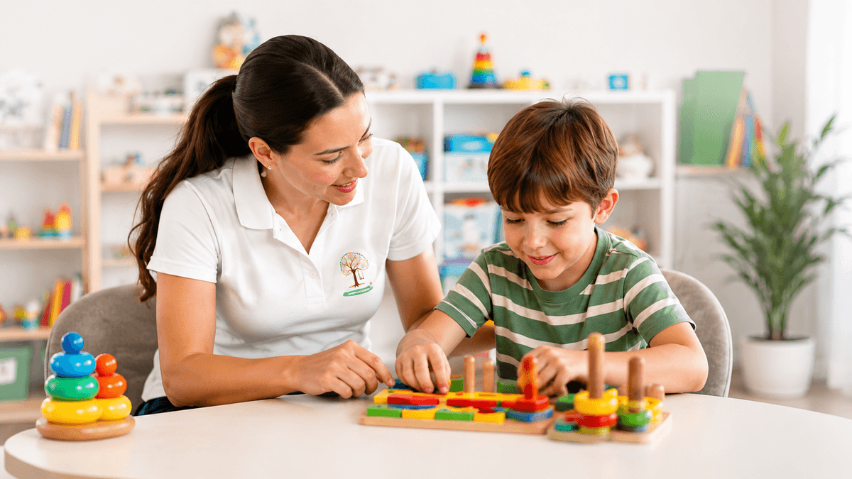 Terapeuta acompañando a un niño en sesión