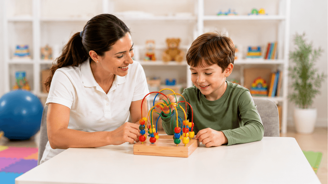 Terapeuta jugando con un niño en sala TerapiaLuz